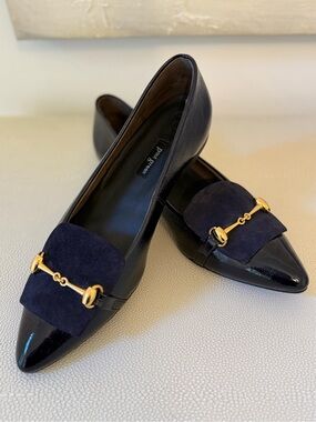 Paul Green Selena Navy Patent Pointed-Toe Loafers with Gold Bit Detail